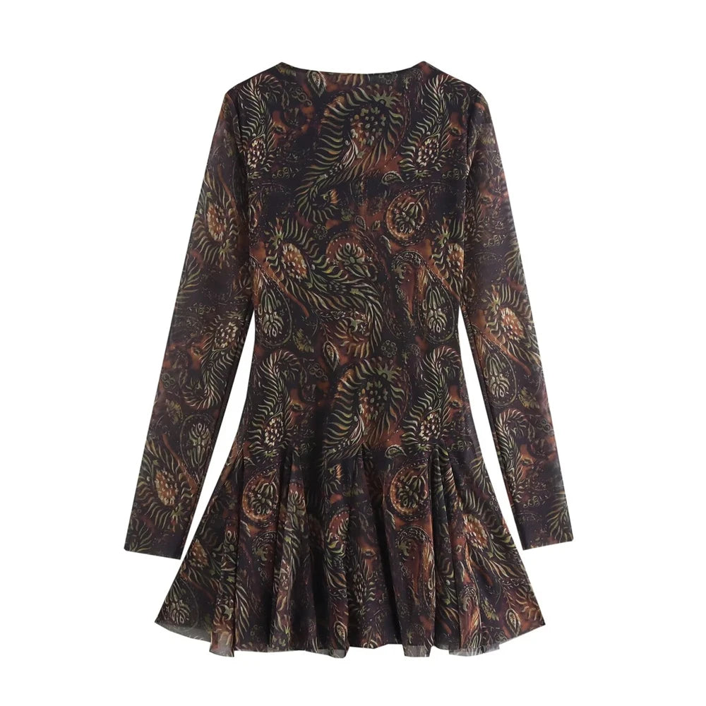 New Women's Casual And Fashionable European And American Style Printed Silk Mesh Waist Cinched Long Sleeved Short Dress