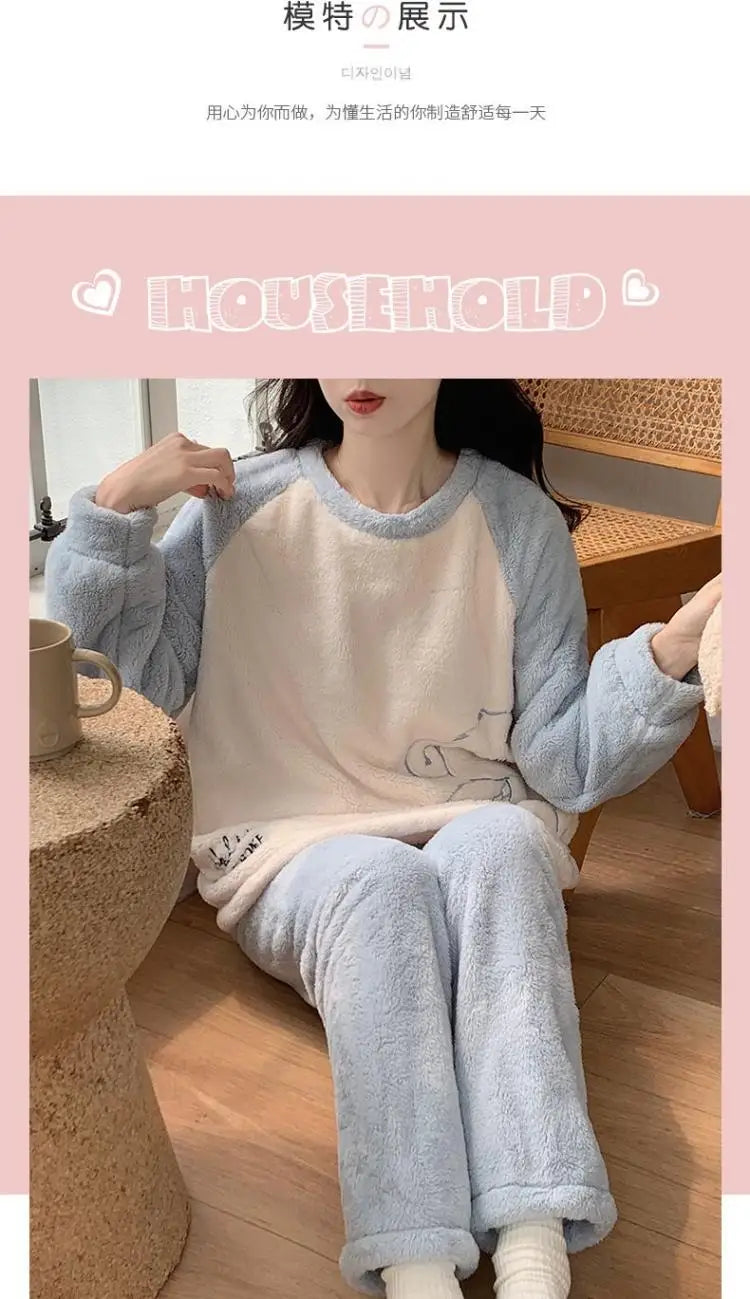 Cute Cinnamoroll Winter Pajamas Suit Sanrioed Anime Kawaii Cartoon Plush Homewear with Chest Pad Women Flannel Warm Nightwear