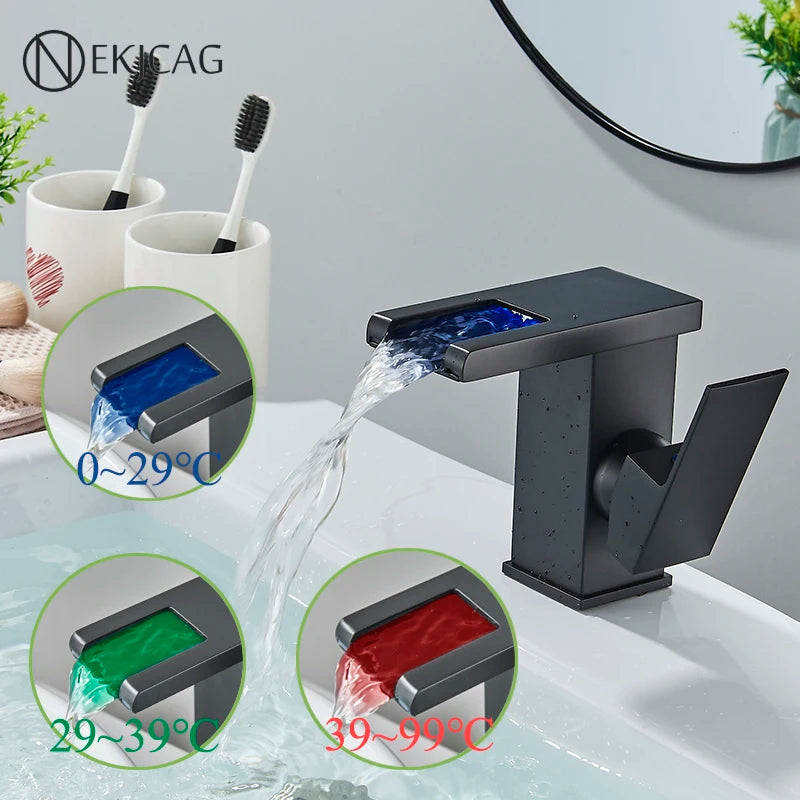 LED Bathroom Basin Faucet Waterfall Outlet Black Cold And Hot Mixer Deck Installation Crane Kitchen Sink Tap With Light