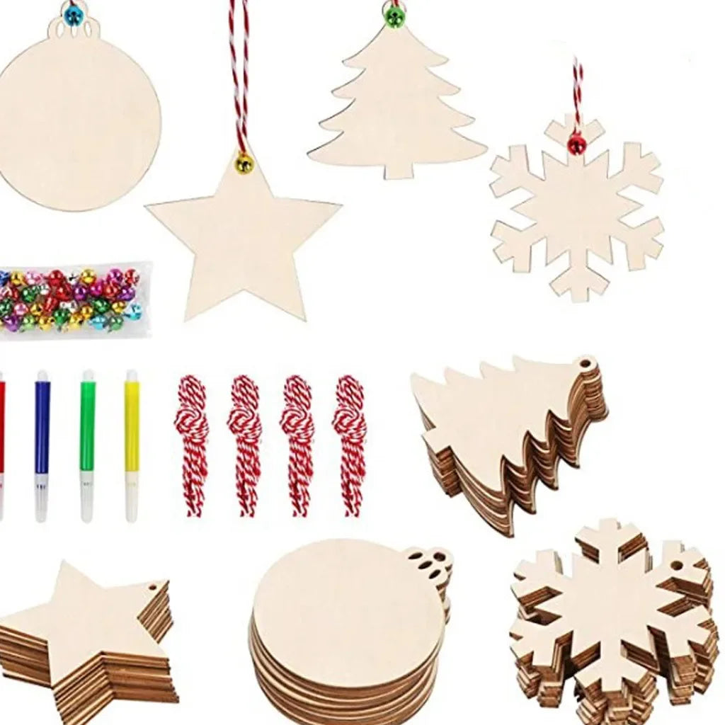 10PCS DIY Wood Christmas Ornament Unfinsihed Wooden Christmas Tree Hanging Decorations for DIY Craft Xms Home Party Decor