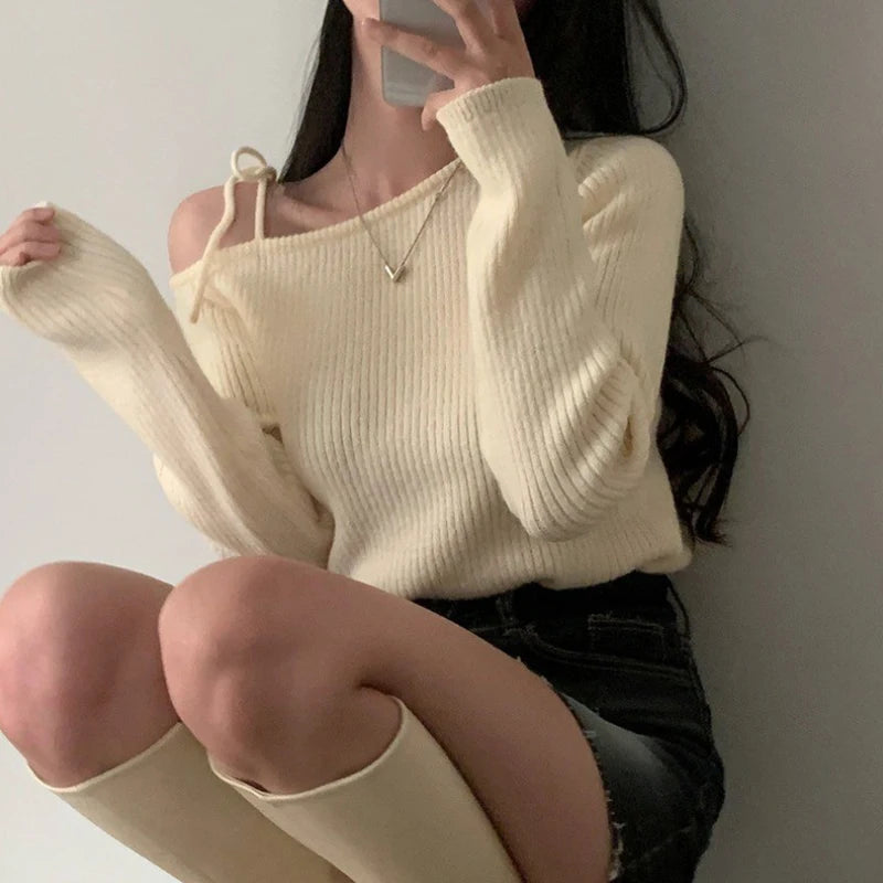 Fall Niche Temperament Irregular Slant Neck Off Shoulder Tie Bowknot Pullover Korean-Chic Long Sleeve Knitted Sweater