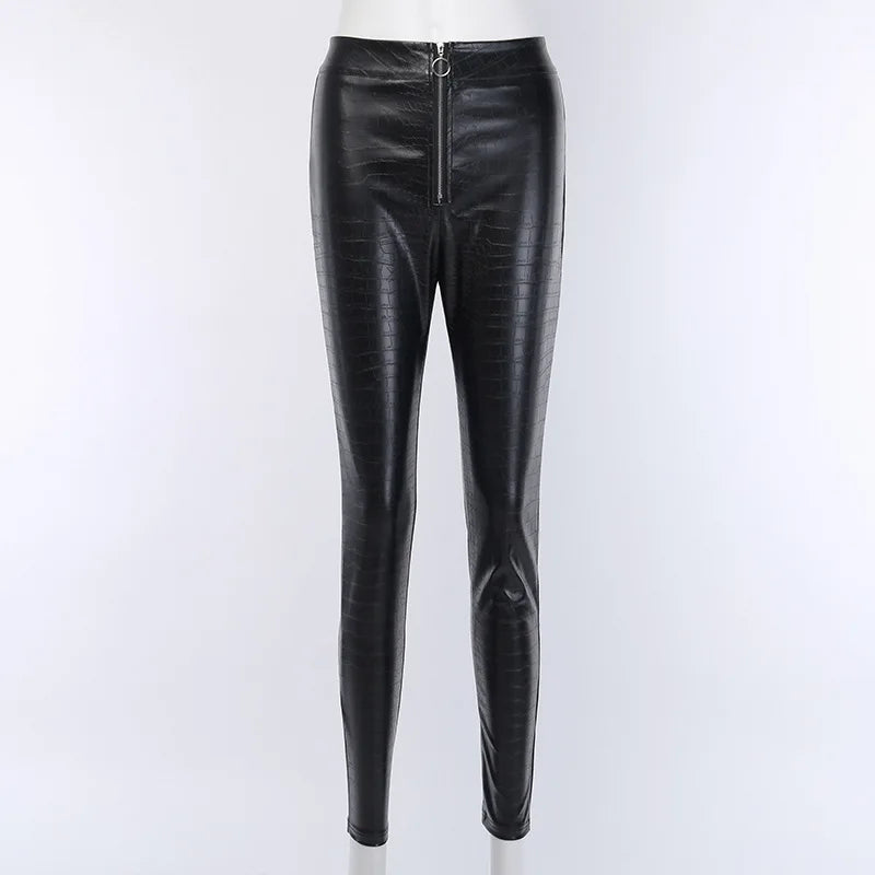 Fashion Women Pants Casual High Waist Crocodile PU Leather Pencil Pants Female Slim Trousers Women Zipper Leggings Women Clothes