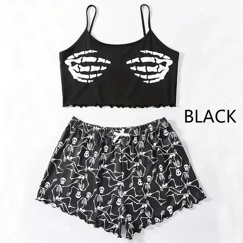 Women 2 PCS Pajama Set Sleepwear Short-Sleeved Tops and Shorts Suit Black Skull Print Ventilate Soft Comfort Loungewear