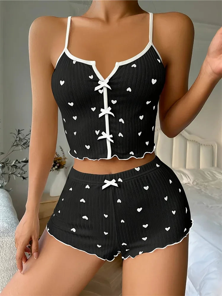 Women's Heart Print Ribbed Frill Trim Pajama Set, Cute Bow Notched Neck Cross Strappy Backless Crop Cami Top & Elastic Shorts