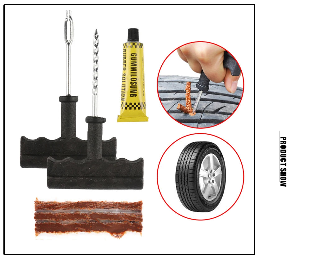 Car Tire Repair Tool Kit with Rubber Strips Tubeless Tyre Puncture Studding Plug Set Motorcycle Truck Vacuum Tire Repair Tool