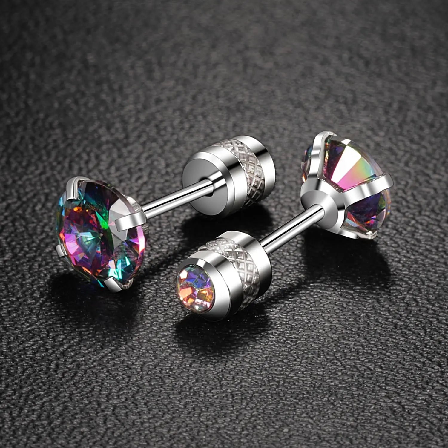 6mm CZ Screw Flat Back Earrings for Women Girls Hypoallergenic for Sensitive Ears New Design Rainbow Cubic Zirconia Stud Earring