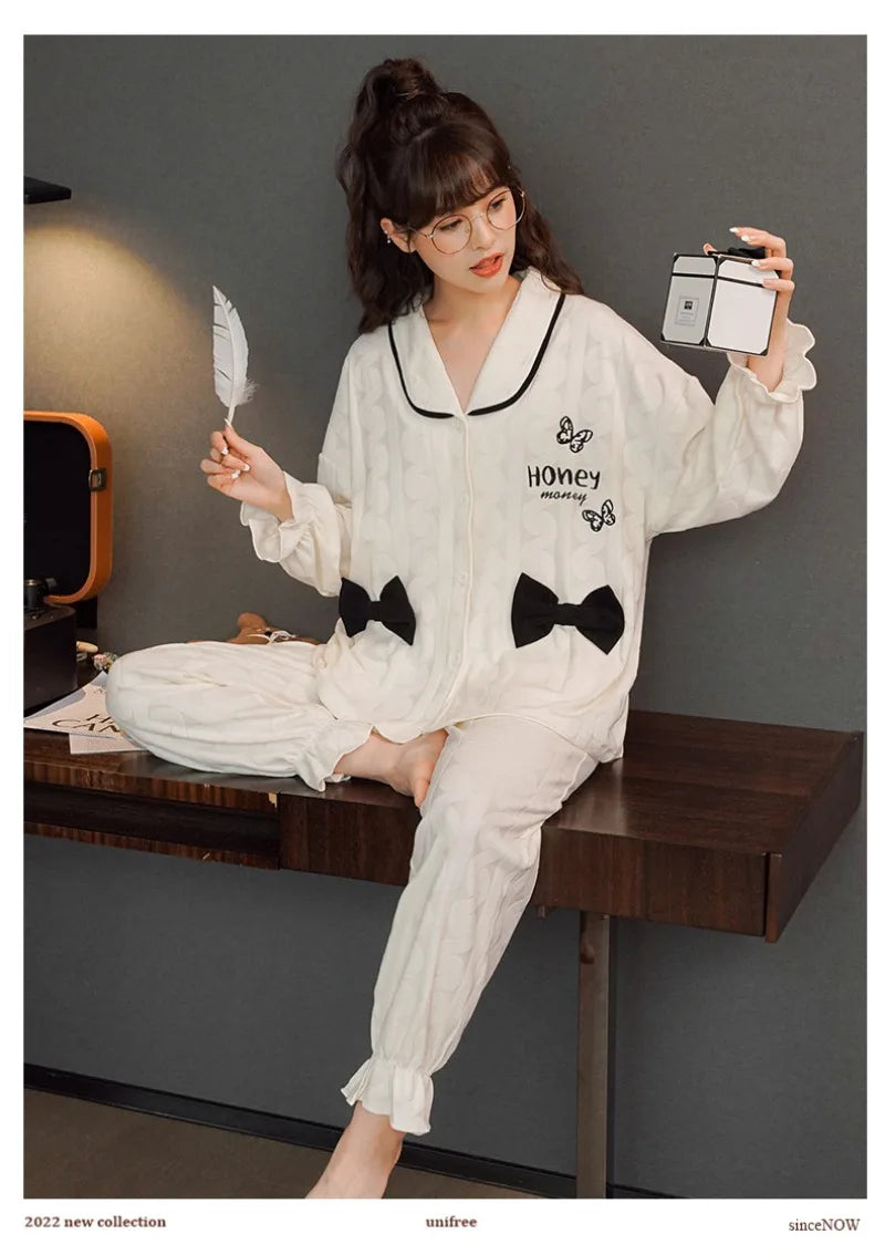 Women's Sweet Ruffle Pajamas Set Long Sleeve Top And Long Pants Sleepwear 2 Piece Set For Women Korean Casual Home Loose Pajamas