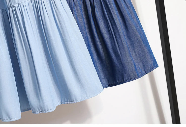 Women's Patchwork Denim Color Spliced A-line Skirt Tencel Big Swing Long Thin Skirt