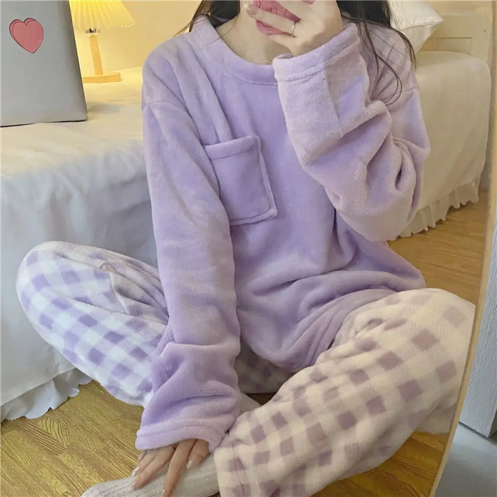 Fleece Thick Warm Women's Pajamas Set Winter Sleepwear Casual Solid Top and Plaid Pants Soft Pijamas Set for Women Home Suit