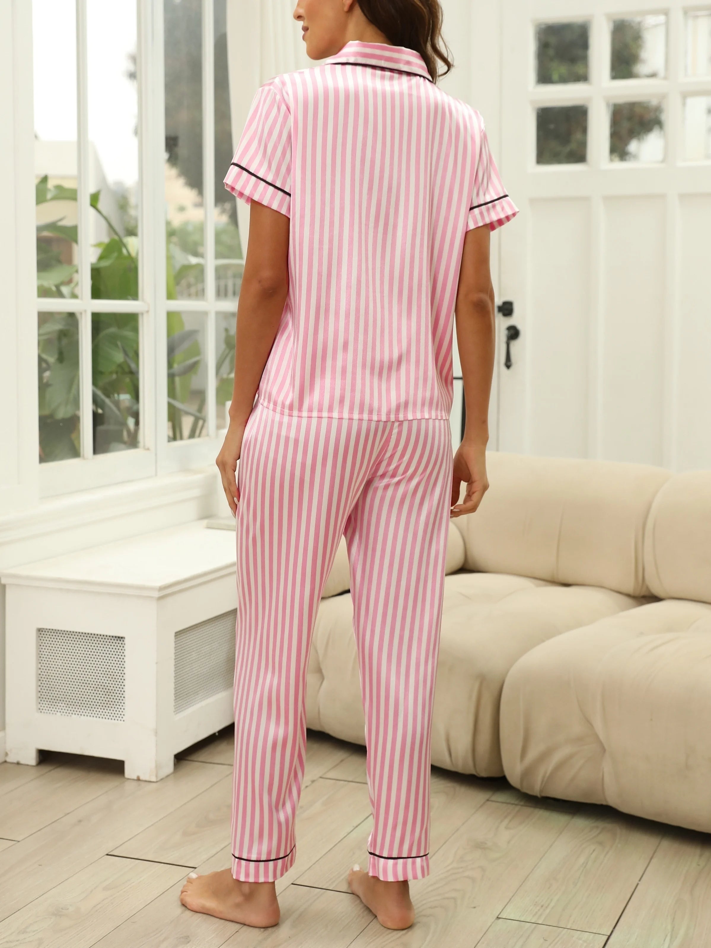 Luxurious Striped Pajama Set - Soft, Breathable, Short Sleeve Top and Elastic Waistband Pants for Ultimate Comfort - Perfect for