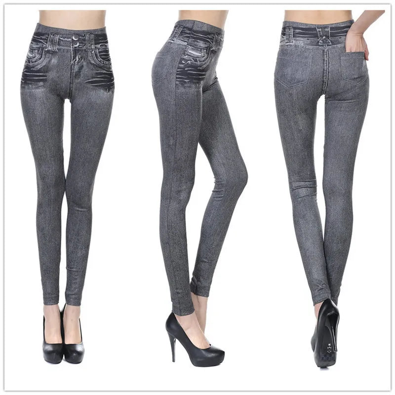 Elastic Leggings Imitation Denim Print Women Slim Fit Leggings Casual Pencil Pant Vintage Dye Middle Waist Female Clothes