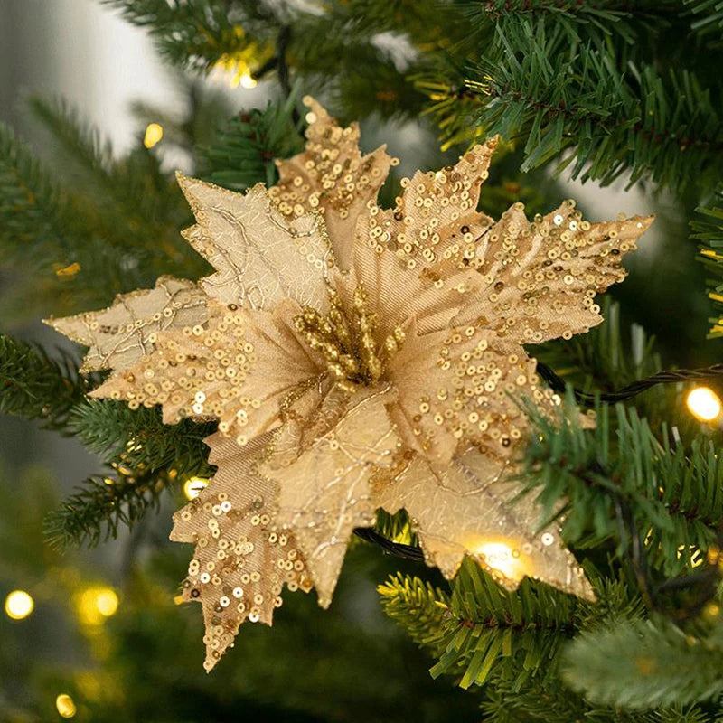 1PC Glitter Artificial Christmas Flowers Christmas Tree Decorations Home Fake Flowers Christmas Ornaments New Year Decorations