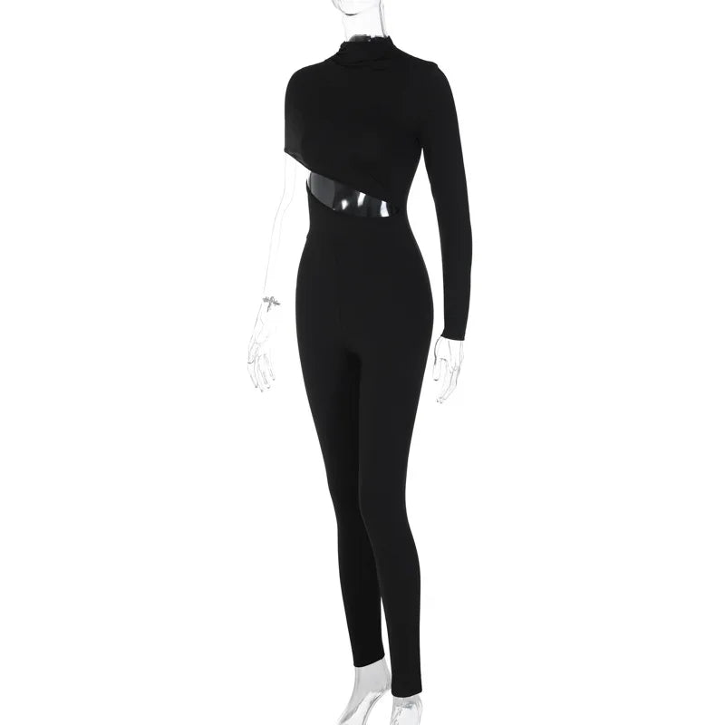 Dulzura One Shoulder Long Sleeve Cut Out Jumpsuit For Women Bodycon Sexy Streetwear Rompers Club Party Outfits Spring Summer