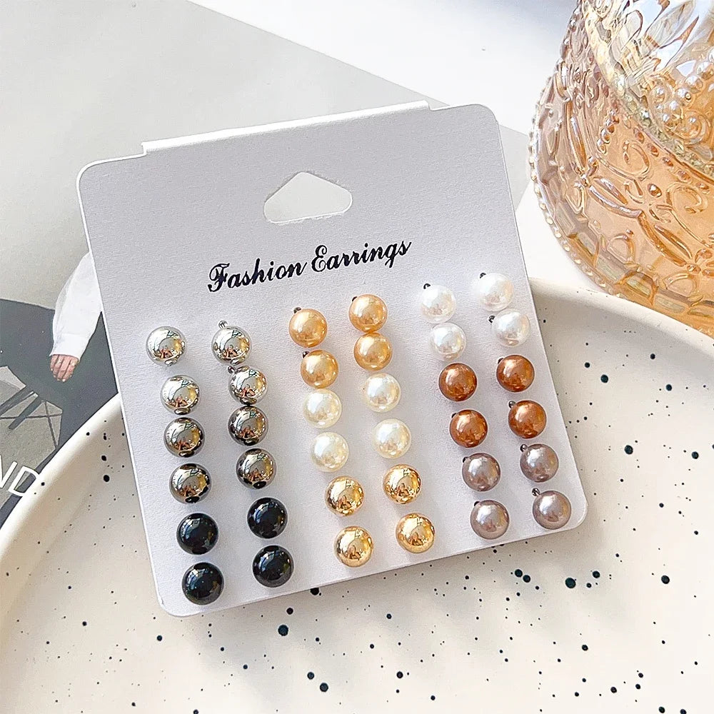 Korean Small Pearl Earrings Set Luxury Ear Studs Simply Fashion Wedding Jewelry Sweet Girls Ear Accessory Women Daily Earrings