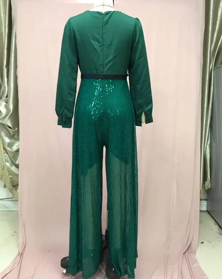 Spring/Summer New Fashion V-neck Long sleeved Waist Slim Fit Sequin Solid Color Jumpsuit,10 Colors And With Belt