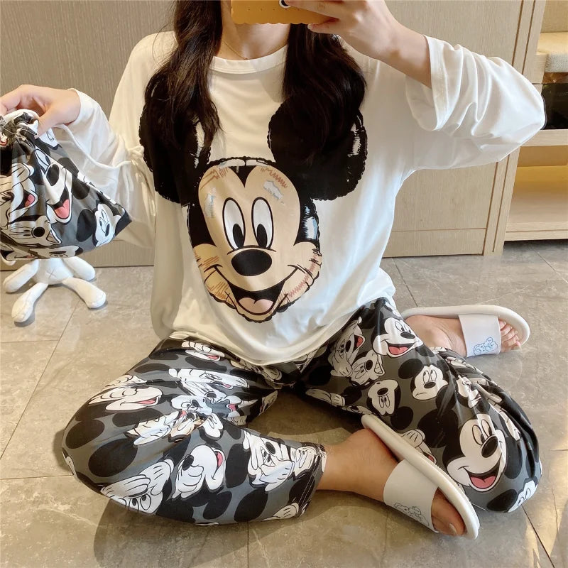 New Disney Mickey Mouse pajamas, pure cotton long-sleeved trousers casual two-piece Winnie the Pooh loungewear women's pajamas