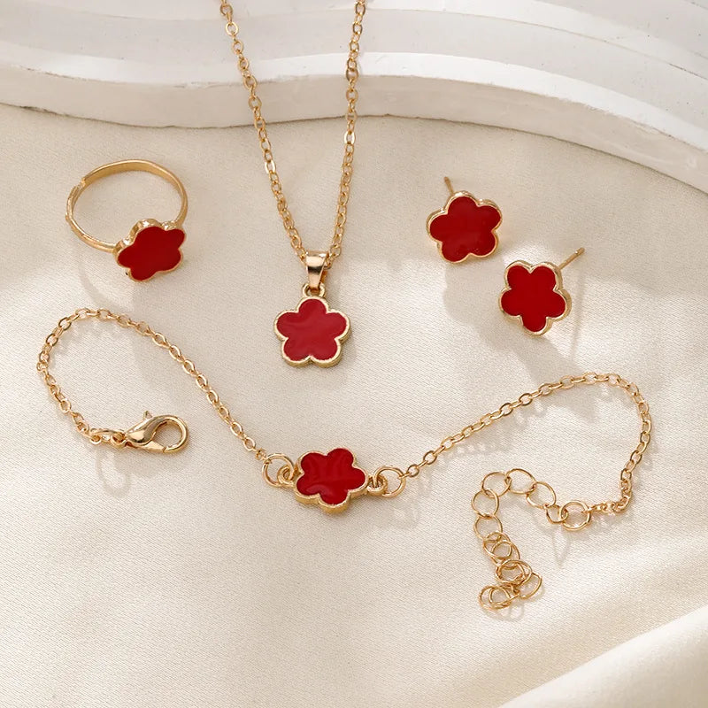 4pcs Set Luxury Flower Stud Earrings Bracelet Necklace Ring Set for Women Delicate Plum Blossom Five Leaf Flower Jewelry