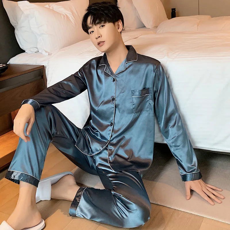 Men's Casual Pajamas Sets Oversized Silk Mens Pajama Pants Sets Satin Long Sleeve Sleepwear Home Pijama Night Wear Loungewear