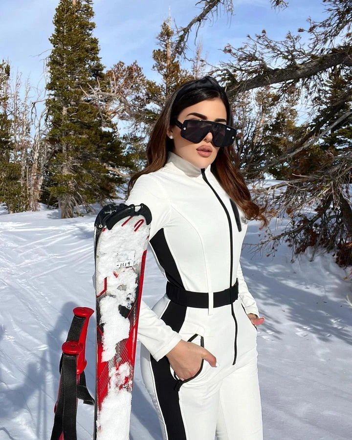 Fashion Patchwork Jumpsuit For Women Winter Slim Long Sleeve Waterproof Zipper Skiing Suit Female Casual High Waist Snow Sets