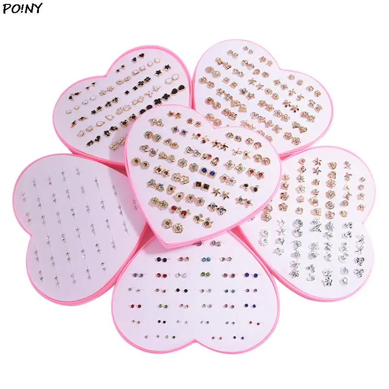 36 Pairs Fashion Women Girls Resin Plastic Crystal Diamante Flower Stud Earrings Set Random Style Gold Color Jewelry