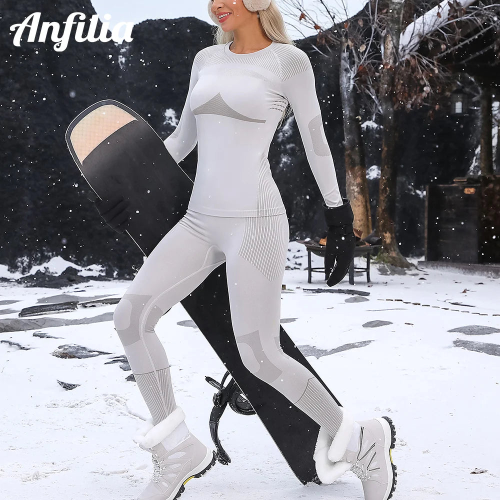 Anfilia Women Ski Thermal Underwear Sets Moisture-wicking & Quick Drying Tight Crew Neck Seamless knitted Base Layer Long Johns