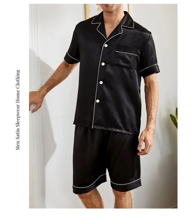 Men Satin Short Sleeve Pajama Set Summer Sleepwear for Man Button-Down Shirt & Elastic Waist Shorts Pajamas Home Clothes 2 Piece