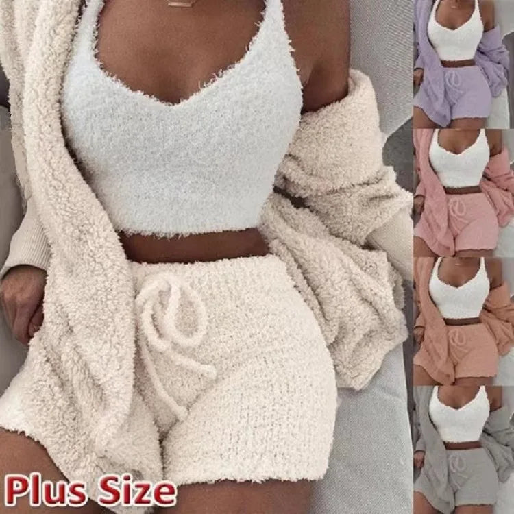 Women's New Fashion Solid Color Plush Home Three-piece Set, Short V-neck Vest + Lace-up Shorts + Long-sleeved Cardigan Pajamas