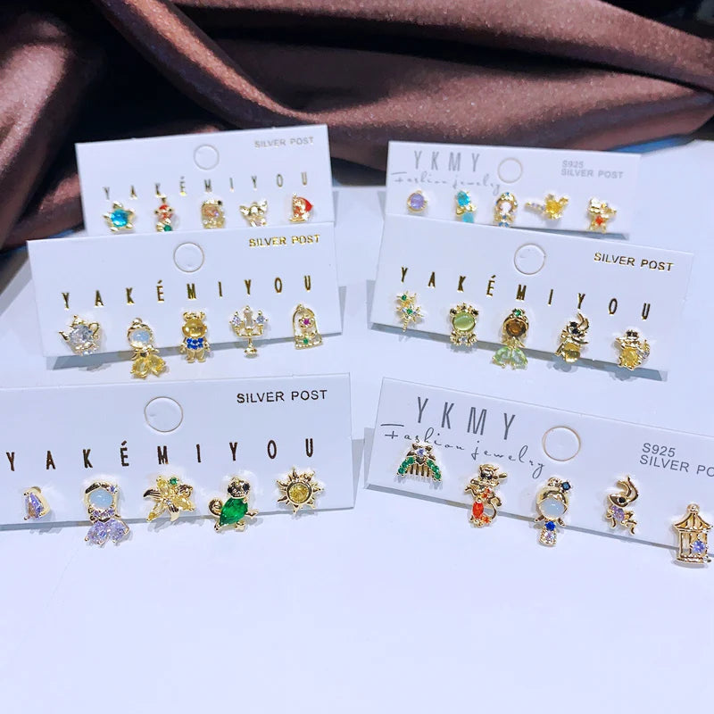 MIGGA 5pcs Fairy Cute Small Princess Stud Earrings Set for Women Girls Gold Color Cubic Zircon Jewelry