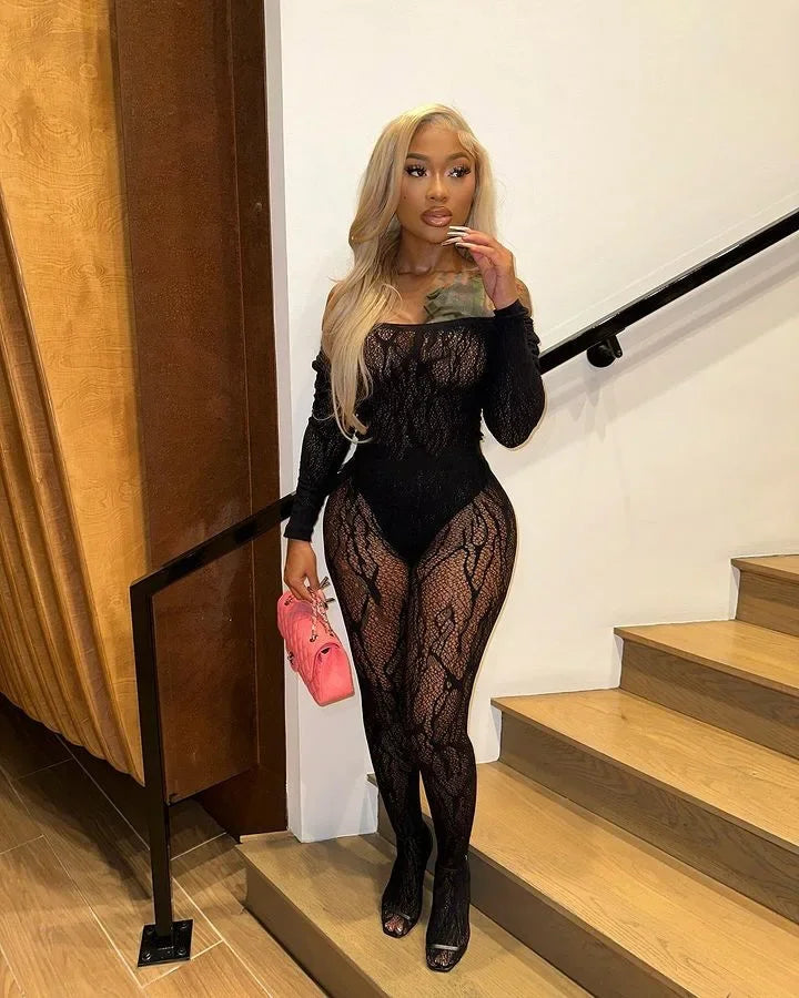 Lace Sexy Adult Valentine One Size Lingerie See Through Night Club Bodysuit Pantyhose Shaper for Women's Jumpsuit with Sleeves