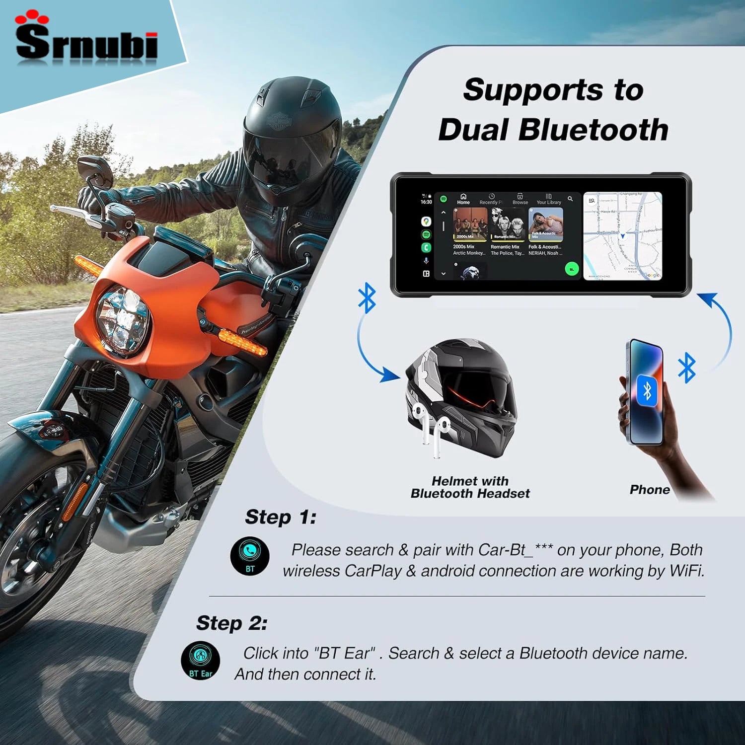 Srnubi 6.86 inch Motorcycle DVR Wireless Carplay Android Auto IP67 Waterproof GPS navigator Dash Cam Moto Dual Bluetooth Camera