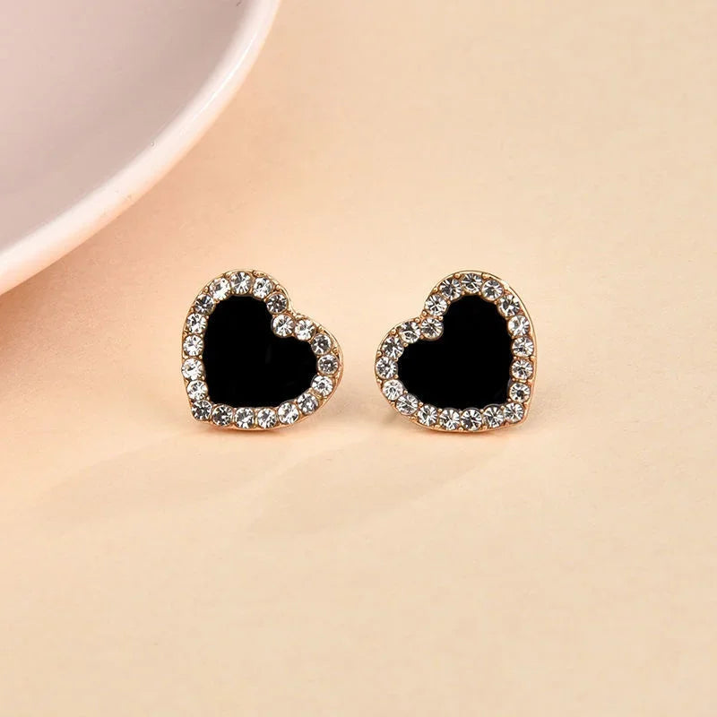 Korean Style Zircon Black Resin Heart Ear Studs for Women Elegant Luxury Geometric Earrings 2024 Fashion Trends Jewelry Gifts