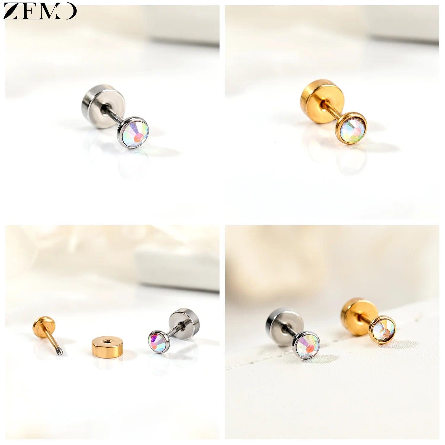 ZEMO 1 Piece 20G Stainless Steel Stud Earrings Women Girls CZ Crystal Ear Studs Flat Back Flower Heart Helix Cartilage Piercings