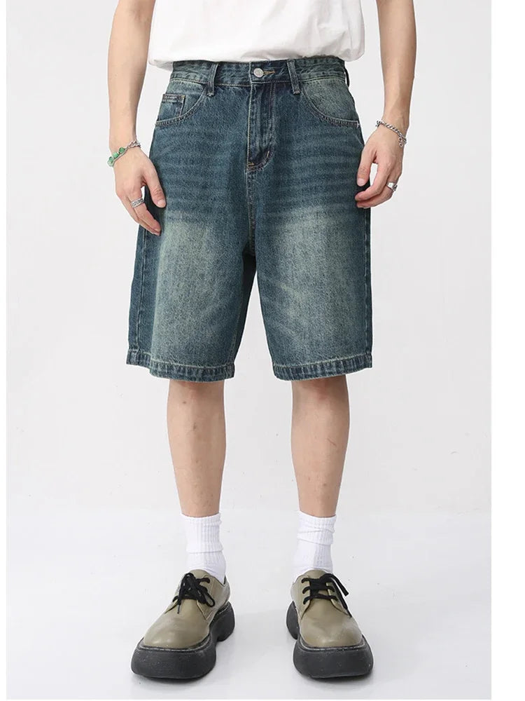 Men Summer Denim Shorts New Korean Loose Vintage Fashion Wash Casual Over Knee Capris Straight Leg Pants