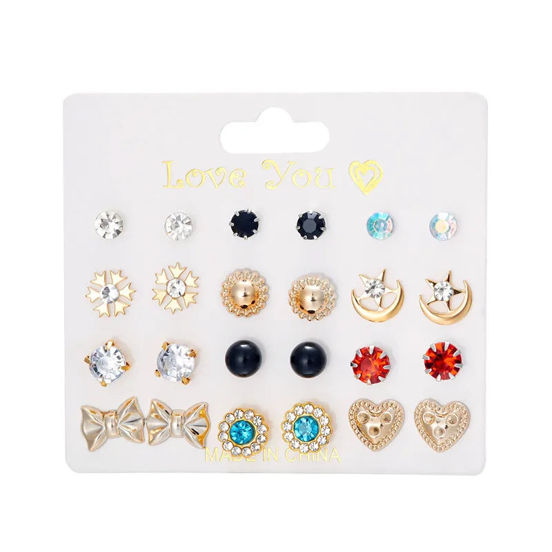 12 Pairs/Set Imitation Pearl Sun Star Flower Bow Heart Zircon Combination Paper Card Stud Earrings Set Fashion Geometric Earring