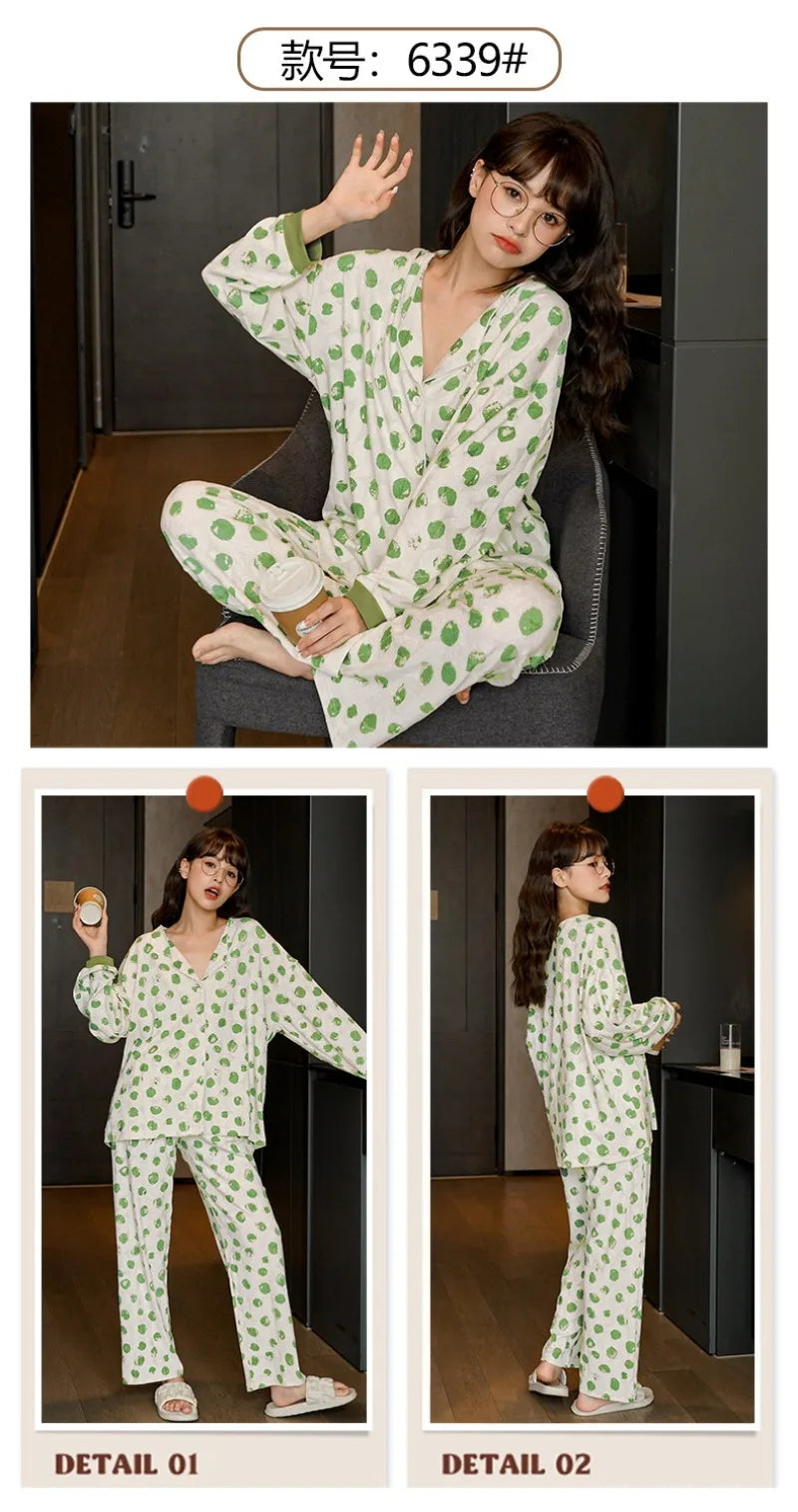 Women's Sweet Ruffle Pajamas Set Long Sleeve Top And Long Pants Sleepwear 2 Piece Set For Women Korean Casual Home Loose Pajamas