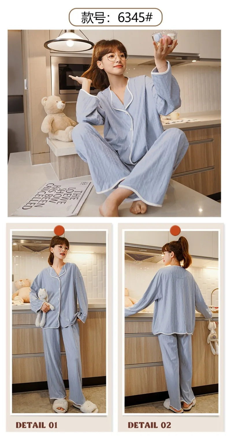 Women's Sweet Ruffle Pajamas Set Long Sleeve Top And Long Pants Sleepwear 2 Piece Set For Women Korean Casual Home Loose Pajamas