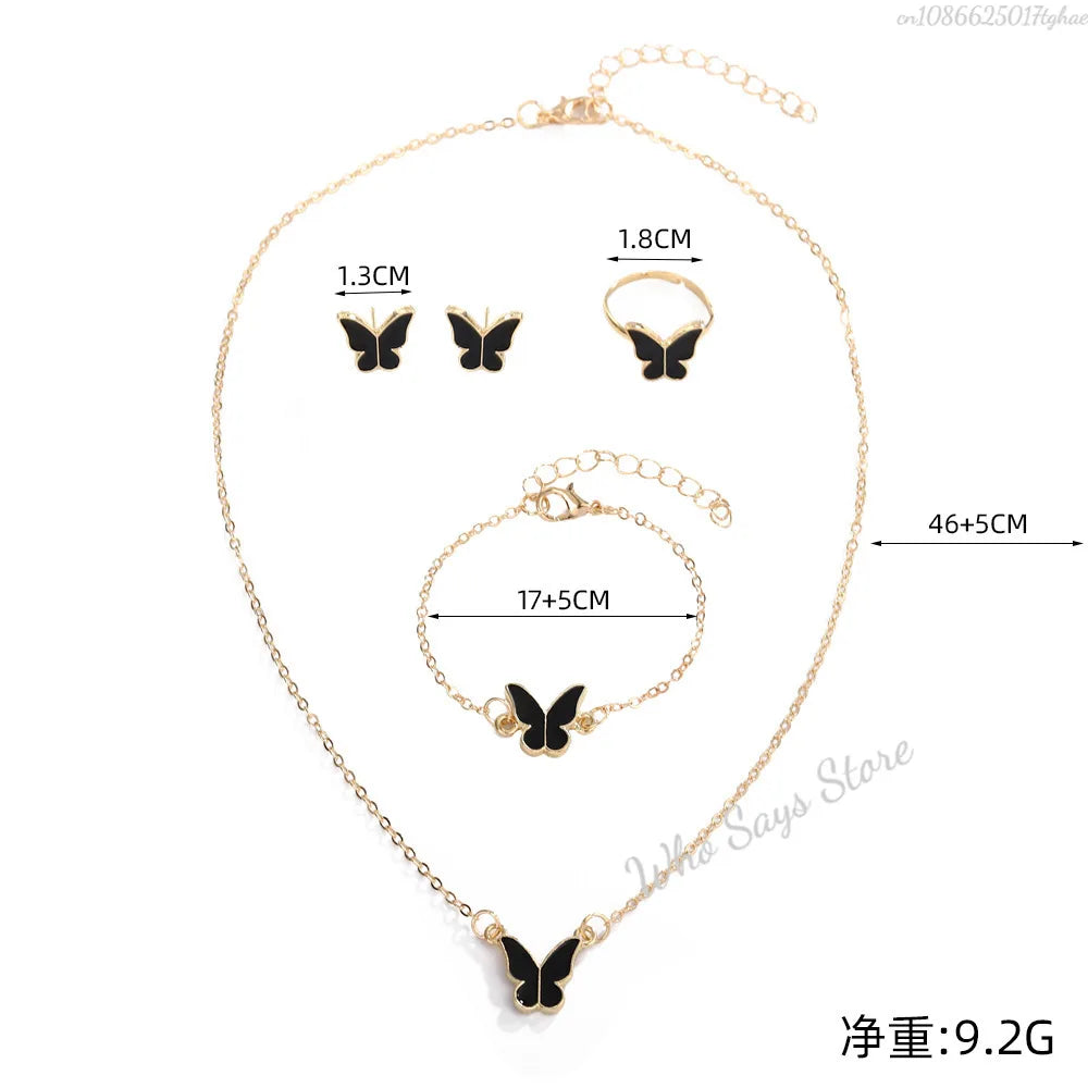 Butterfly Jewelry Sets Crystal Acrylic Romantic Bracelet Ring Necklace Earring Set for Women Wedding Dinner Dress Accessories