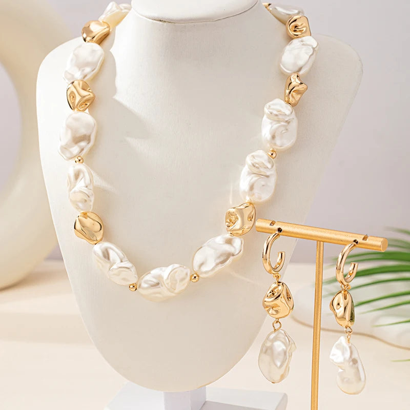 2PCS Elegant Palace Style Women's Pearl Necklace Earring Jewelry Set Beautiful Temperament Wedding Party Gift Jewelry