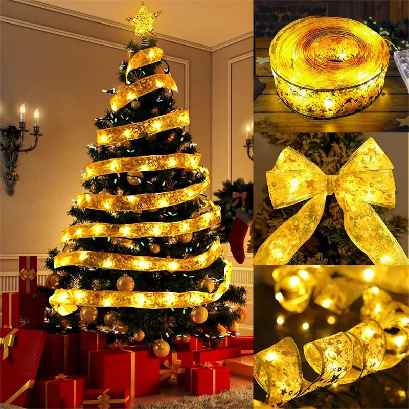 1-10m 2024 Christmas Ribbon Fairy Light String Merry Christmas Decorations For Home Xmas holiday Navidad Gifts New Year 2025