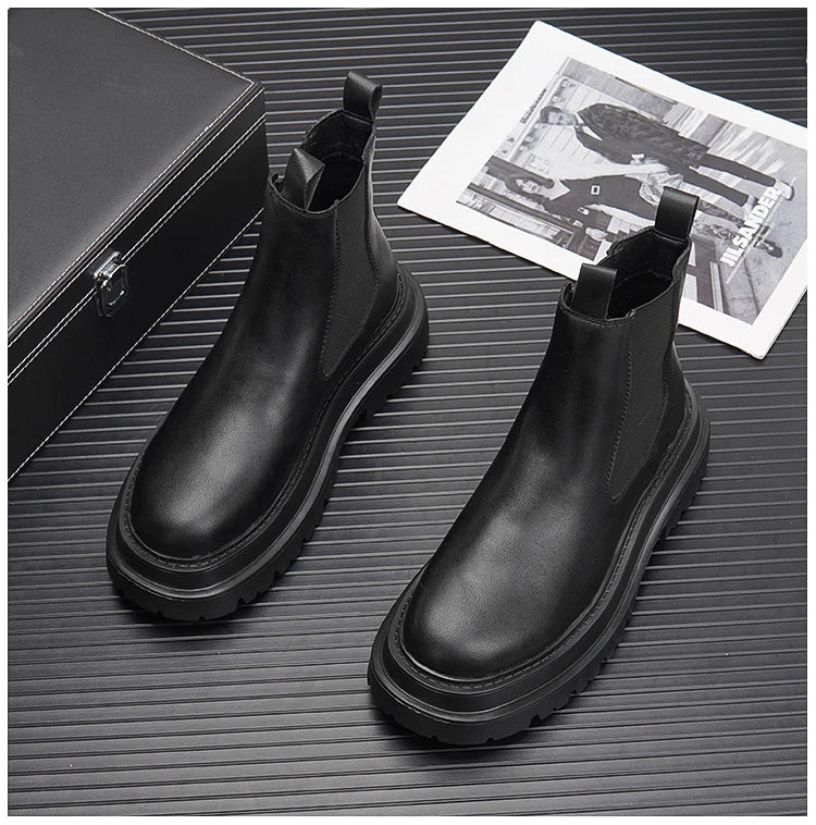 Luxury Design Mens Platform Chelsea Boots Thick Bottom Split Leather Ankle Boots Male Footwear Round Toe Short Martins Boots