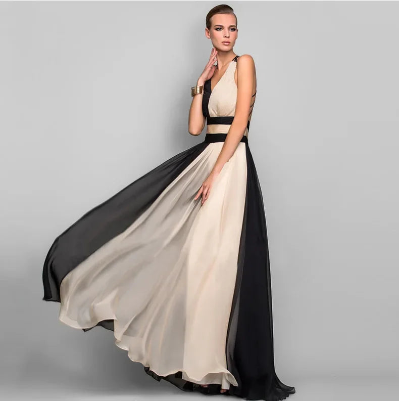 Elegant High Waist Maxi Dress Women Fashion Gradient Patchwork Black Party Evening Dresses Chic Sleeveless Pleated Long Vestdios