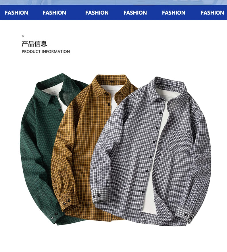 Men Shirt Plaid Flannel Yellow Long Sleeve 2024 Casual Checkered Loose Mens Slim Shirt Oversized Office Business Male Soft Male