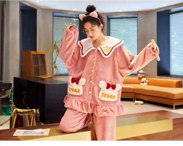 Anime Kuromi Pajamas Pants Suit Sanrioed Women Cute Kawaii Spring Winter Cardigan Plush Coral Fleece Cute Cartoon Warm Homewear