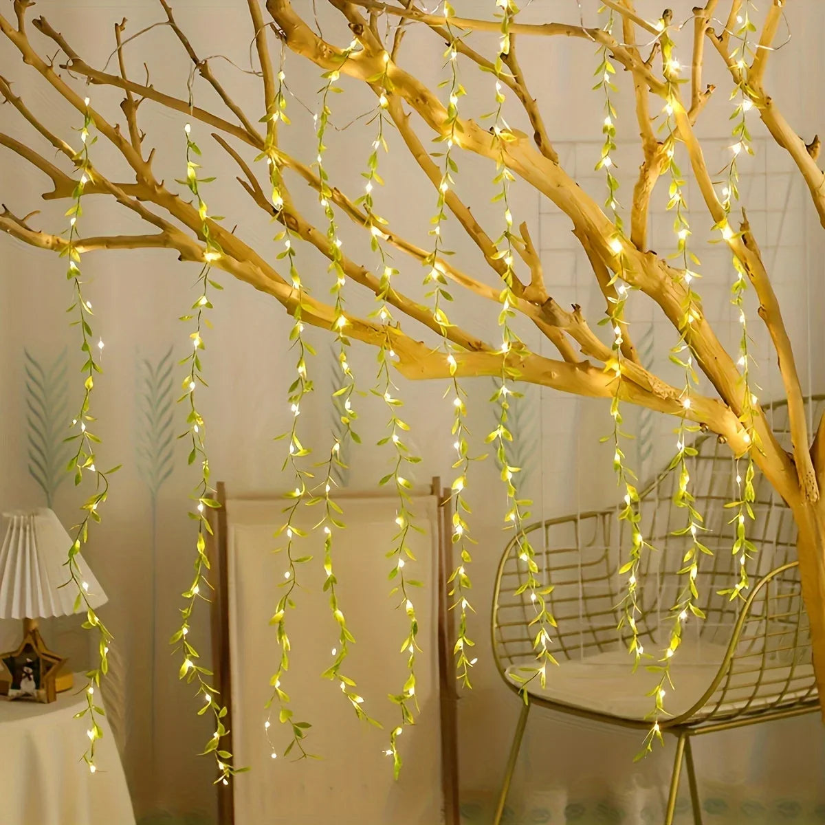 2M 20 Lights USB style  Willow Curtain Lamp Decorative Light String Imitation Leaf Wrought Iron Basket Copper Wire Wedding Party