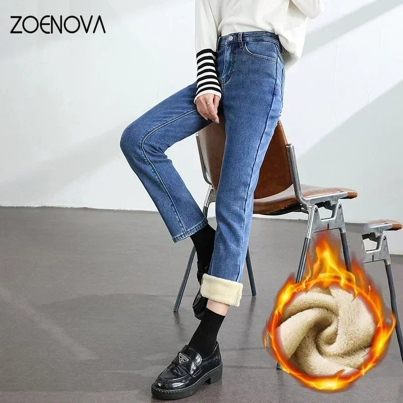 ZOENOVA Women's Winter Fleece Warm Jeans Retro Slim Straight Elastic Cotton Thickened Warm Denim Pants Fashion Female Clothing