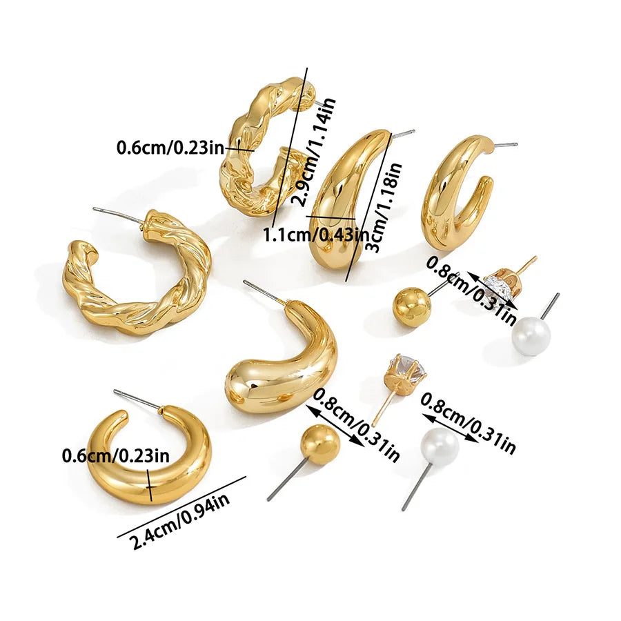 6Pcs Classic Geometry Glossy Ccb Gold Plated Waterdrop C Shape Hoop Earrings Set for Women Teens Vintage Daily Wear Ear Jewelry