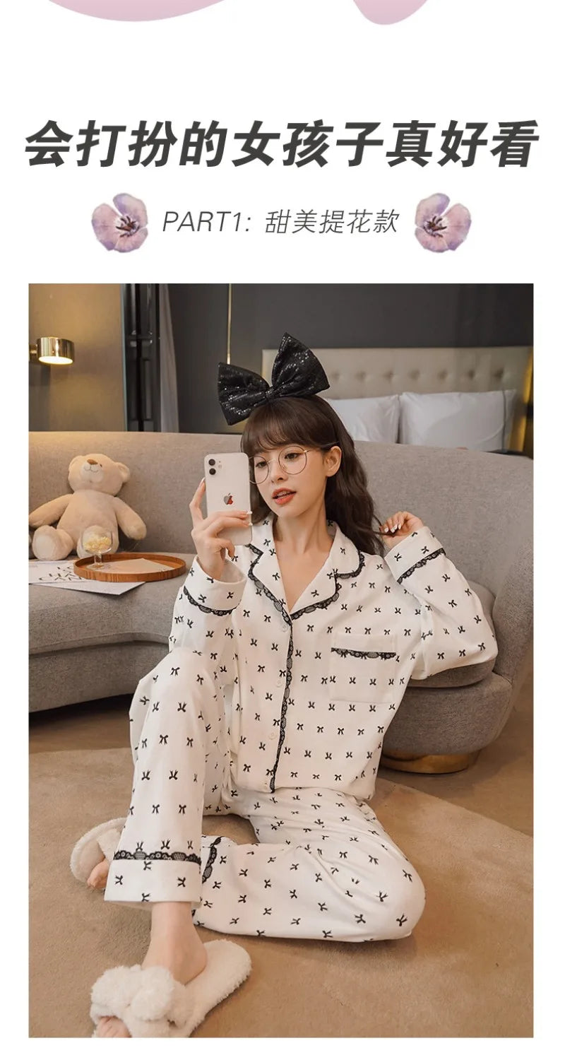 Women's Sweet Ruffle Pajamas Set Long Sleeve Top And Long Pants Sleepwear 2 Piece Set For Women Korean Casual Home Loose Pajamas