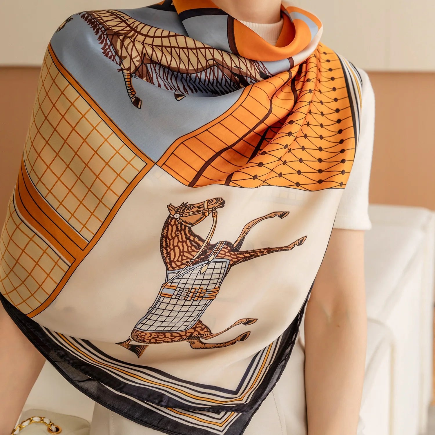 Luxury Horse Print Square Scarf Vintage Imitation Silk Shawl Scarf  Women Windproof Outdoor Head Wrap 110*110cm