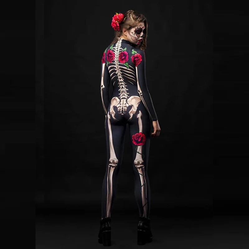 European and American Halloween women's personalized cosplay parent-child outfit rose skeleton printed jumpsuit