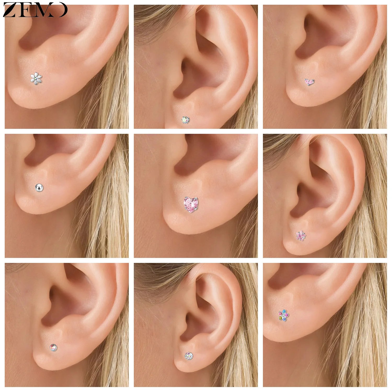 ZEMO 1 Piece 20G Stainless Steel Stud Earrings Women Girls CZ Crystal Ear Studs Flat Back Flower Heart Helix Cartilage Piercings